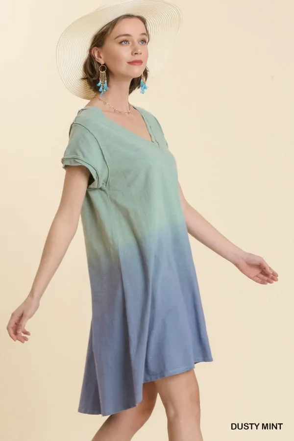 Dip Dye V-Neck Short Sleeve Raw Edged Detailed Dress