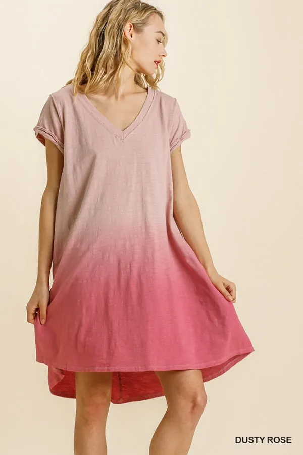 Dip Dye V-Neck Short Sleeve Raw Edged Detailed Dress