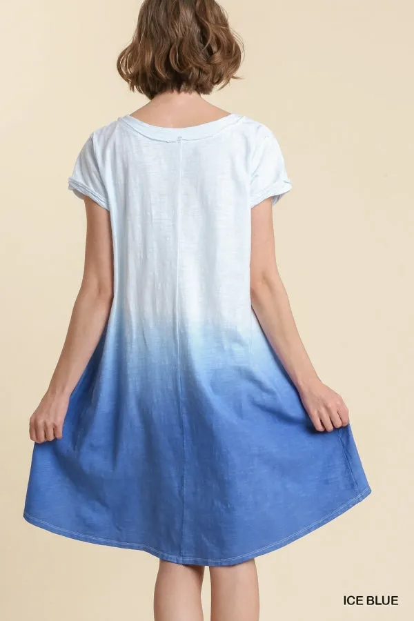 Dip Dye V-Neck Short Sleeve Raw Edged Detailed Dress