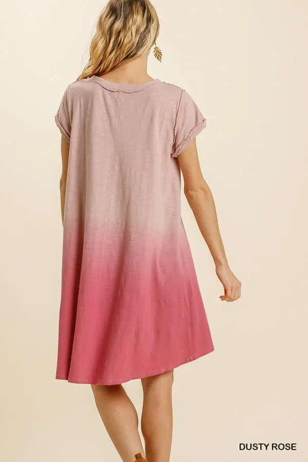 Dip Dye V-Neck Short Sleeve Raw Edged Detailed Dress