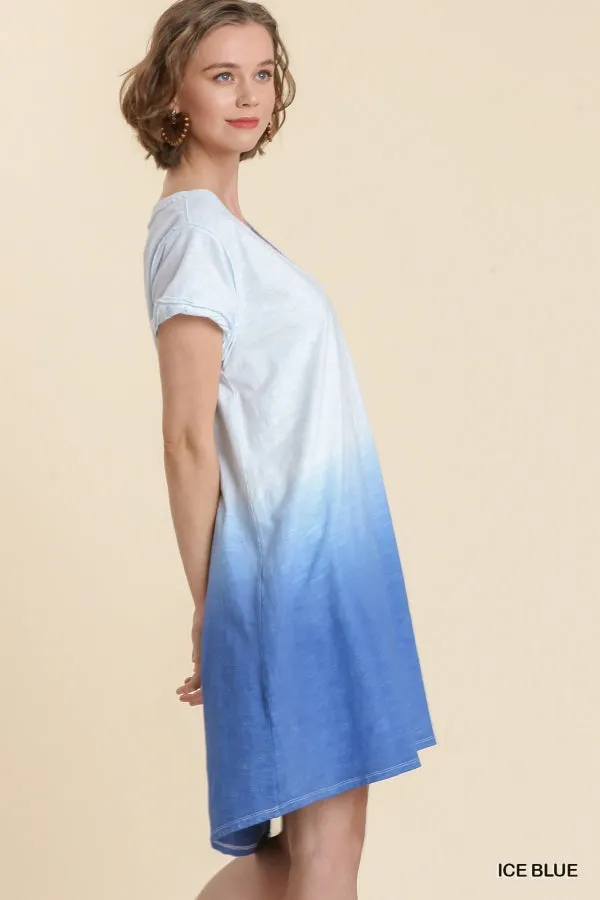 Dip Dye V-Neck Short Sleeve Raw Edged Detailed Dress