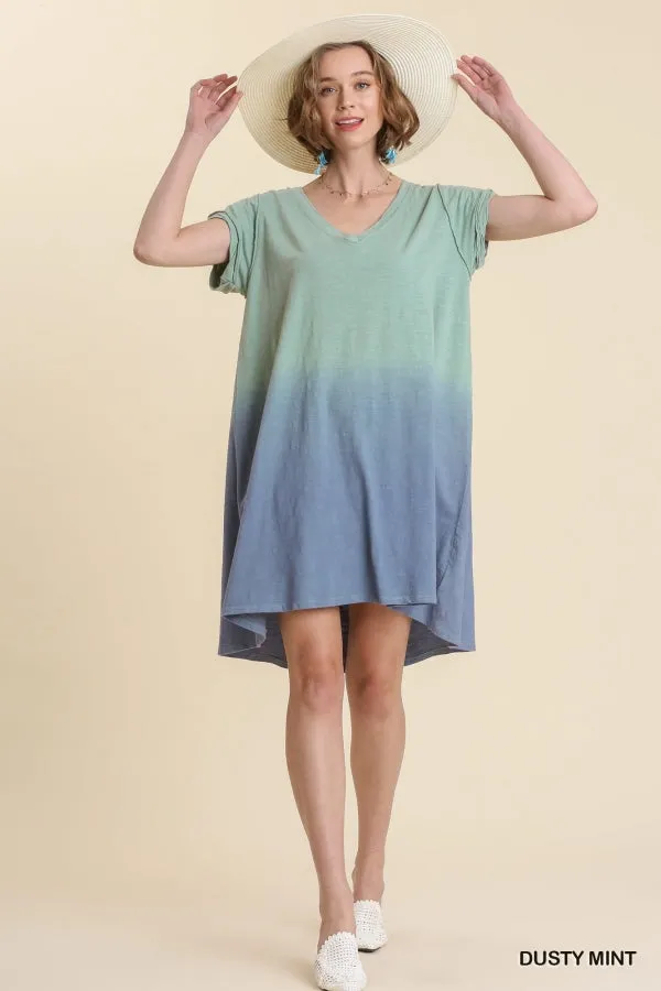 Dip Dye V-Neck Short Sleeve Raw Edged Detailed Dress