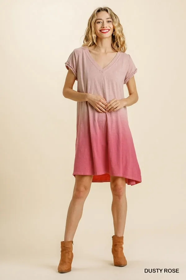 Dip Dye V-Neck Short Sleeve Raw Edged Detailed Dress