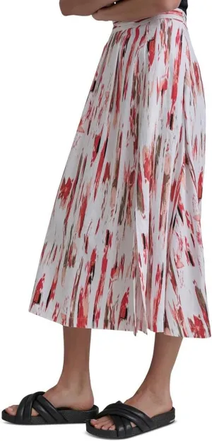 DKNY Womens Linen Blend Printed Midi Skirt White XL