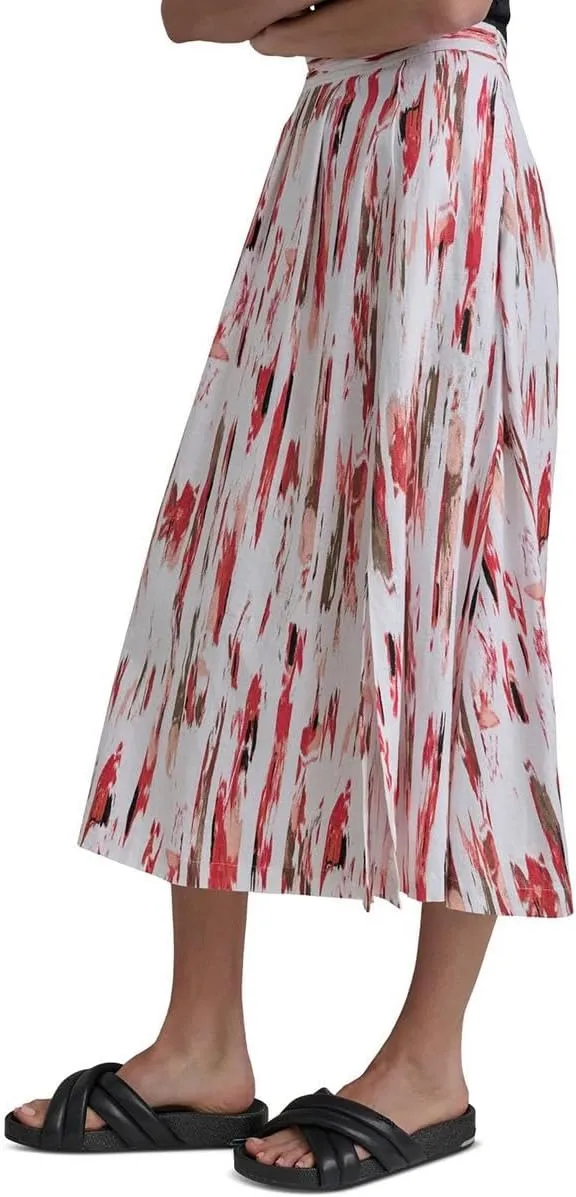 DKNY Womens Linen Blend Printed Midi Skirt White XL