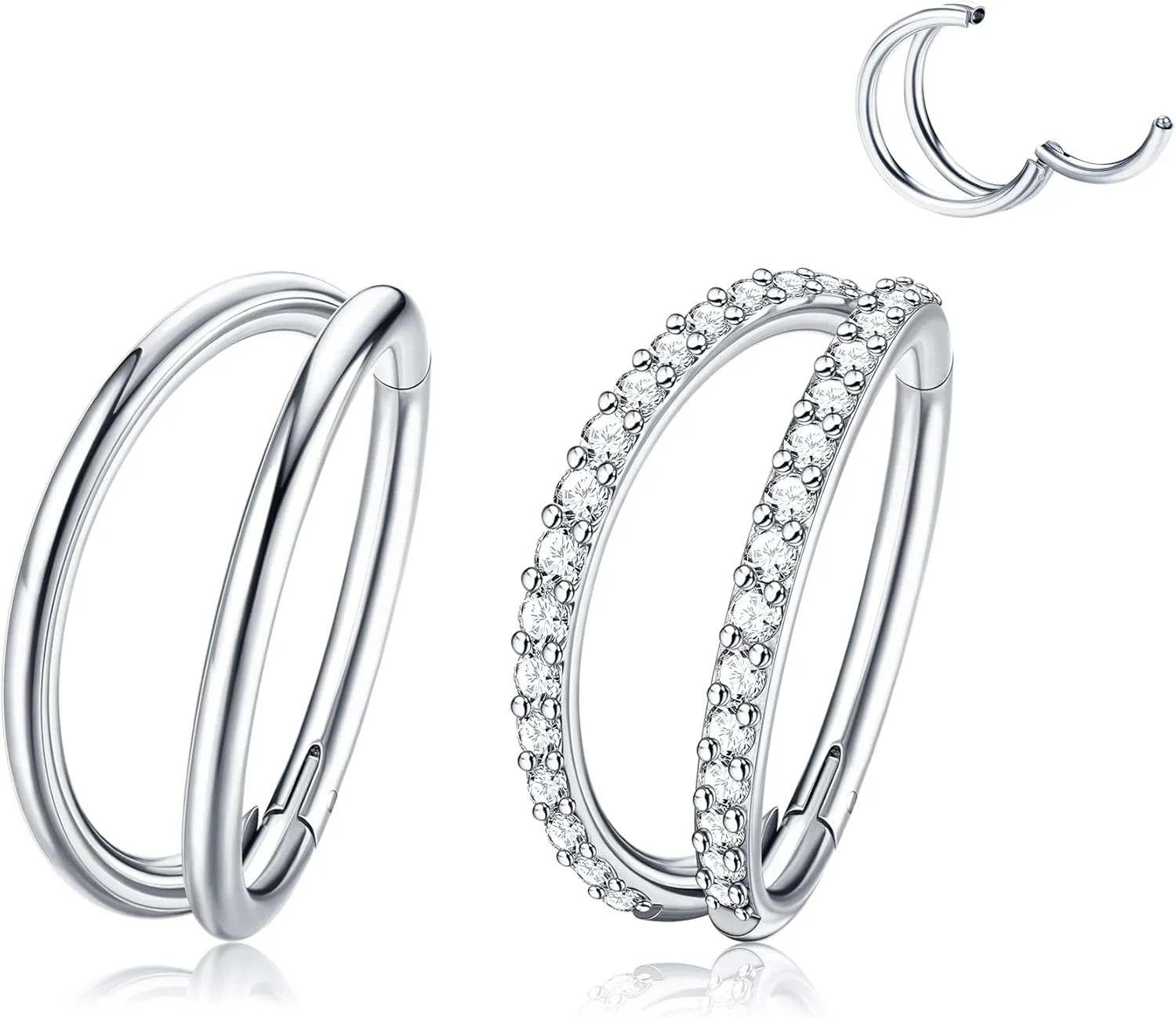 Dochais 2PCS Nose Rings, Titanium Earrings Tragus Septum Piercing CZ Clicker Ring, Hinged Segment Conch Lip G23 Titanium Double Hoops 16G 18G for Women Men