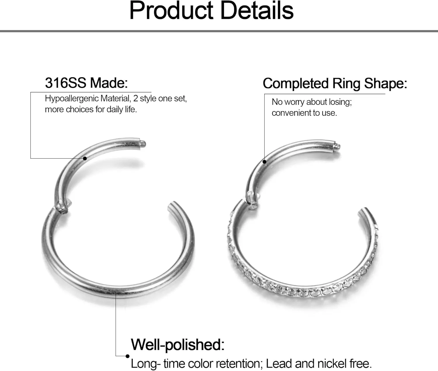 Dochais 2PCS Nose Rings, Titanium Earrings Tragus Septum Piercing CZ Clicker Ring, Hinged Segment Conch Lip G23 Titanium Double Hoops 16G 18G for Women Men