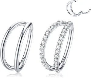 Dochais 2PCS Nose Rings, Titanium Earrings Tragus Septum Piercing CZ Clicker Ring, Hinged Segment Conch Lip G23 Titanium Double Hoops 16G 18G for Women Men