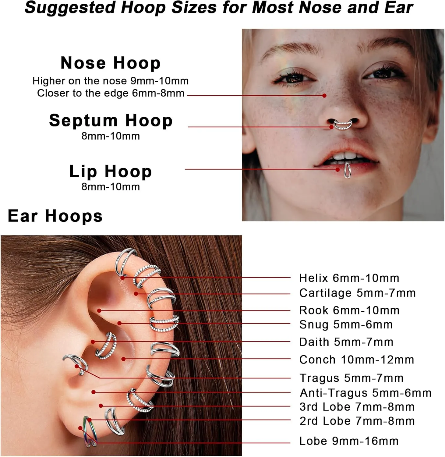 Dochais 2PCS Nose Rings, Titanium Earrings Tragus Septum Piercing CZ Clicker Ring, Hinged Segment Conch Lip G23 Titanium Double Hoops 16G 18G for Women Men