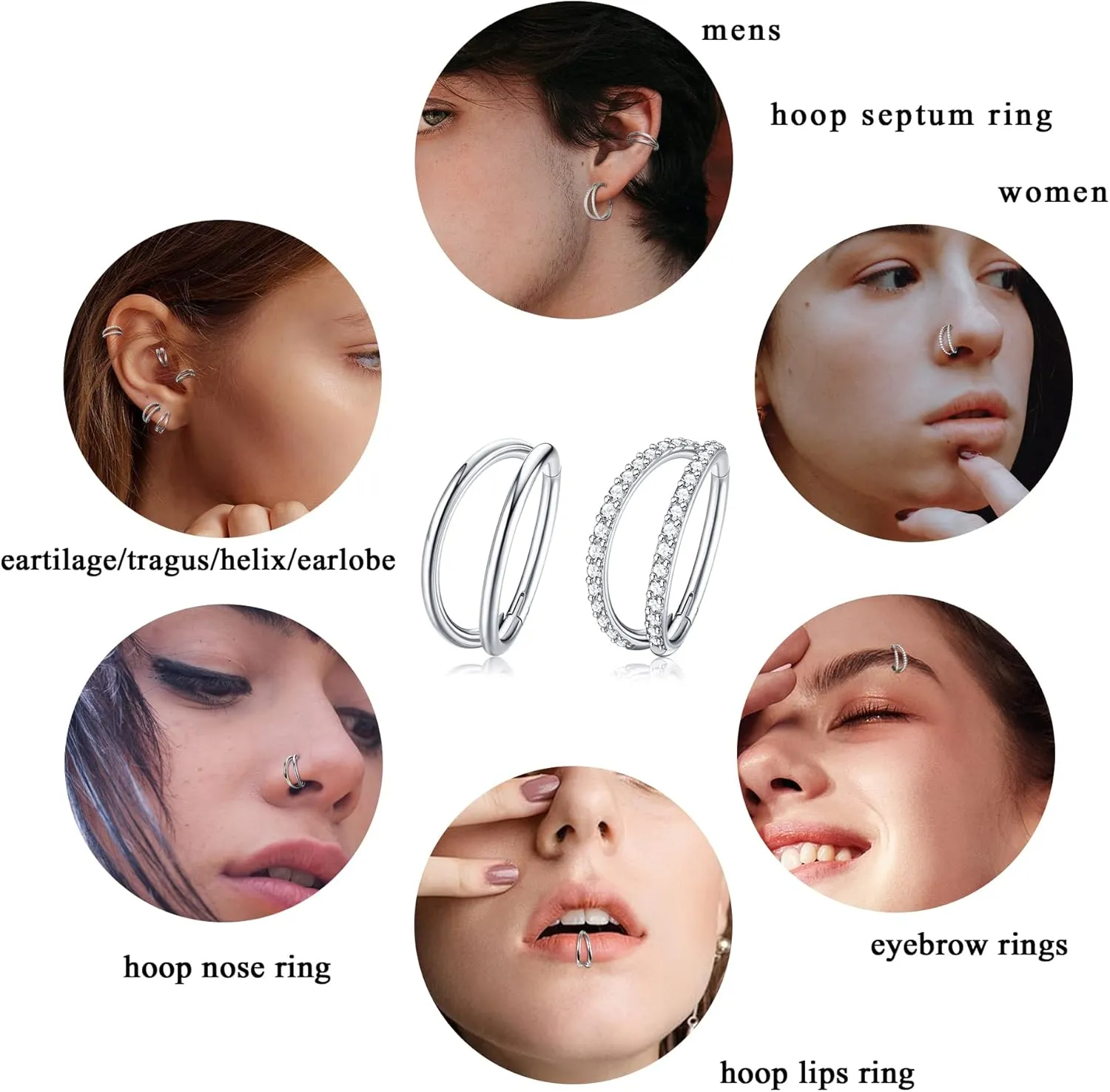 Dochais 2PCS Nose Rings, Titanium Earrings Tragus Septum Piercing CZ Clicker Ring, Hinged Segment Conch Lip G23 Titanium Double Hoops 16G 18G for Women Men