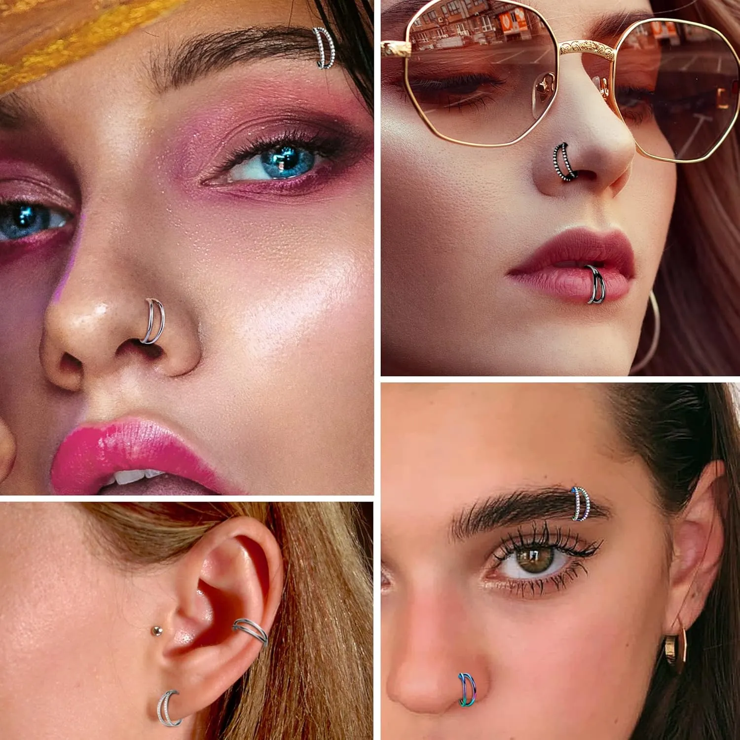 Dochais 2PCS Nose Rings, Titanium Earrings Tragus Septum Piercing CZ Clicker Ring, Hinged Segment Conch Lip G23 Titanium Double Hoops 16G 18G for Women Men