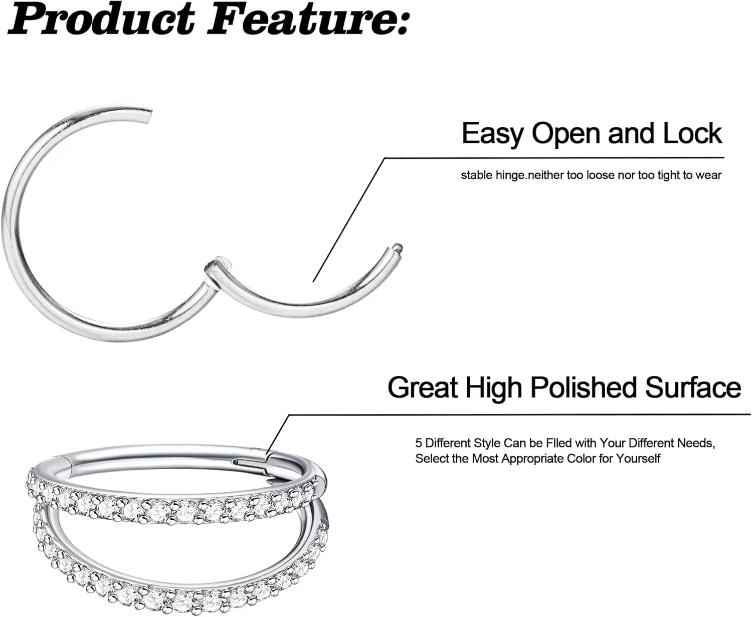 Dochais 2PCS Nose Rings, Titanium Earrings Tragus Septum Piercing CZ Clicker Ring, Hinged Segment Conch Lip G23 Titanium Double Hoops 16G 18G for Women Men