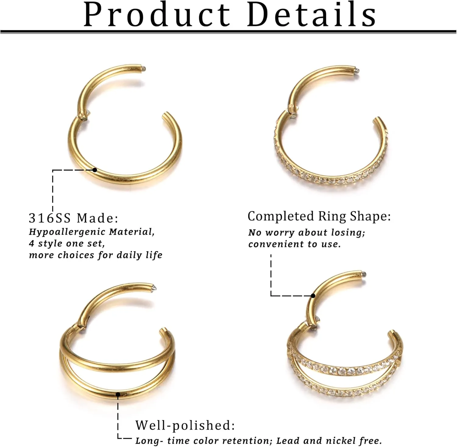 Dochais 4PCS 18G Nose Rings Hoops, Surgical Steel Earrings Tragus Septum Piercing CZ Clicker Ring, Hinged Segment Conch Lip Cartilage Double Hoops 8mm 10mm For Women Men