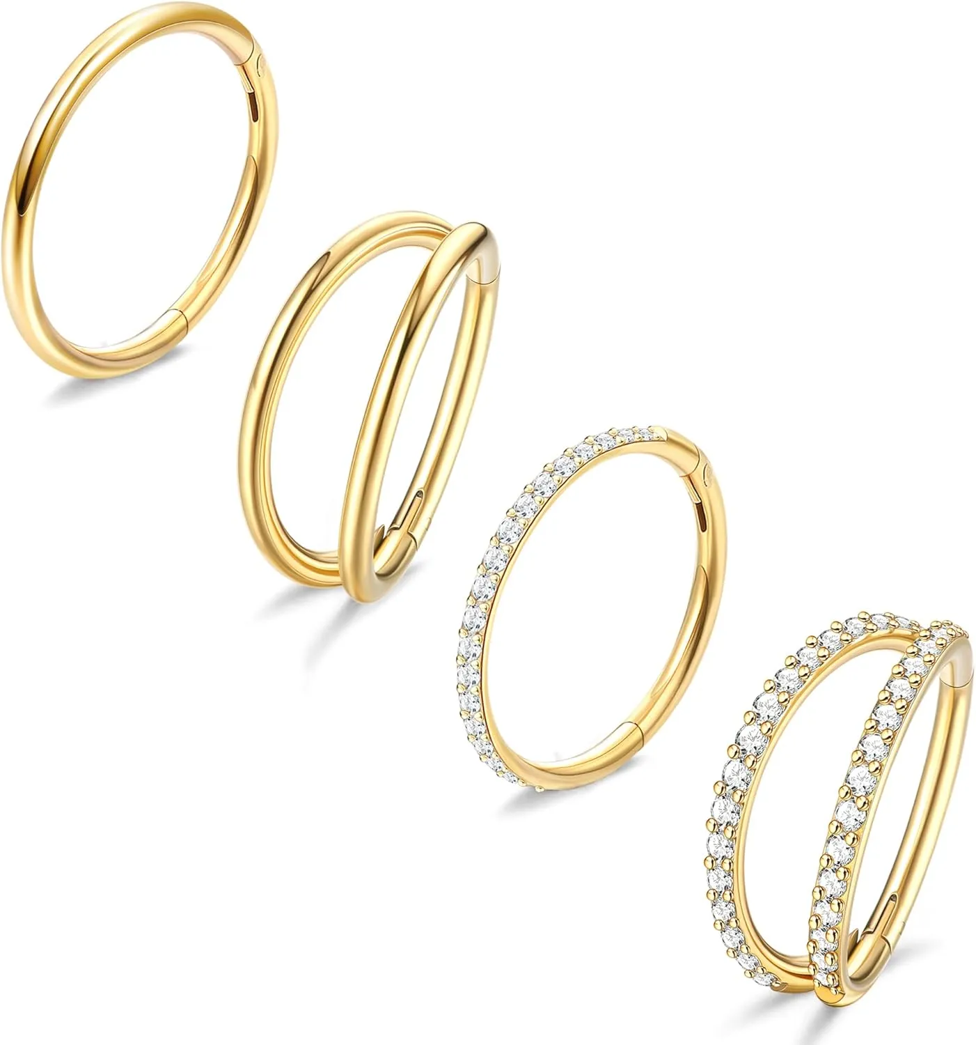 Dochais 4PCS 18G Nose Rings Hoops, Surgical Steel Earrings Tragus Septum Piercing CZ Clicker Ring, Hinged Segment Conch Lip Cartilage Double Hoops 8mm 10mm For Women Men