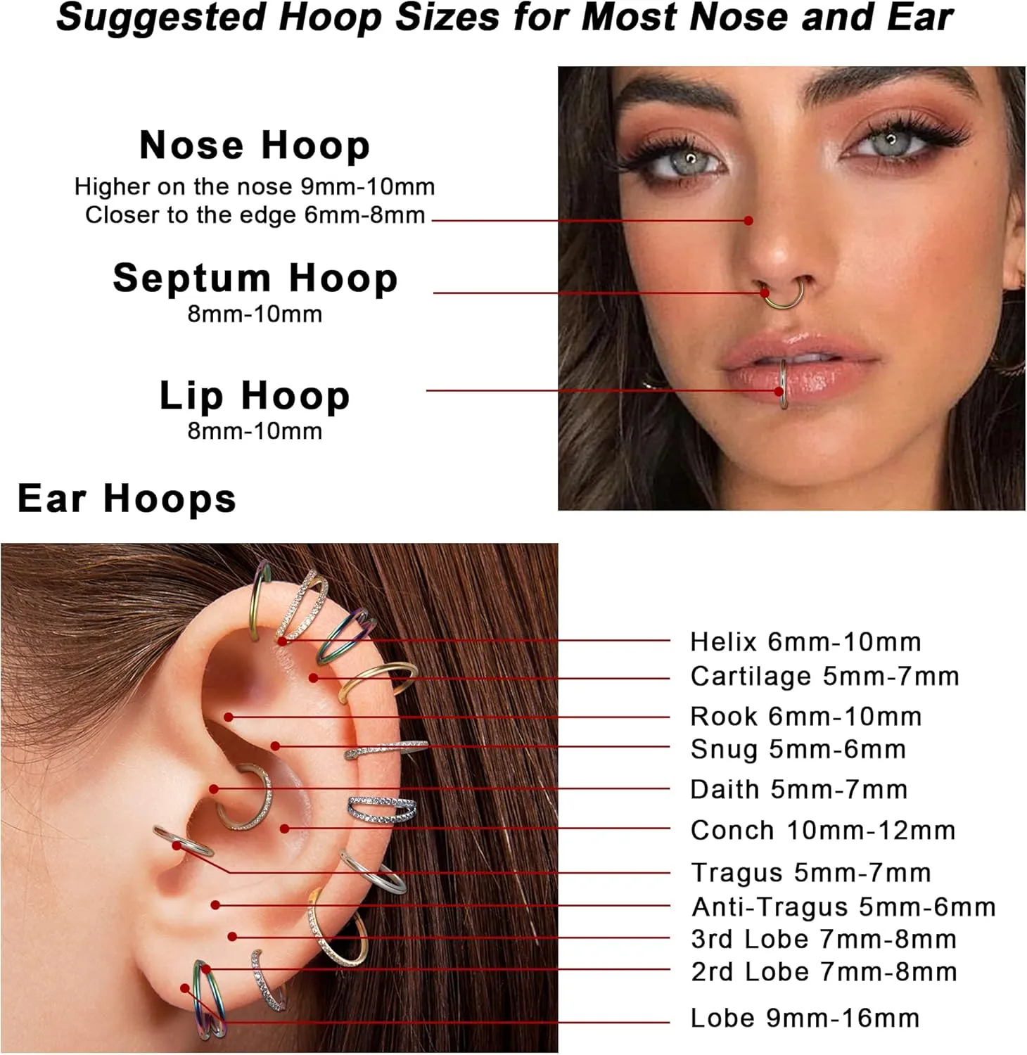Dochais 4PCS 18G Nose Rings Hoops, Surgical Steel Earrings Tragus Septum Piercing CZ Clicker Ring, Hinged Segment Conch Lip Cartilage Double Hoops 8mm 10mm For Women Men