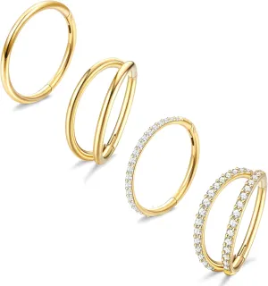 Dochais 4PCS 18G Nose Rings Hoops, Surgical Steel Earrings Tragus Septum Piercing CZ Clicker Ring, Hinged Segment Conch Lip Cartilage Double Hoops 8mm 10mm For Women Men