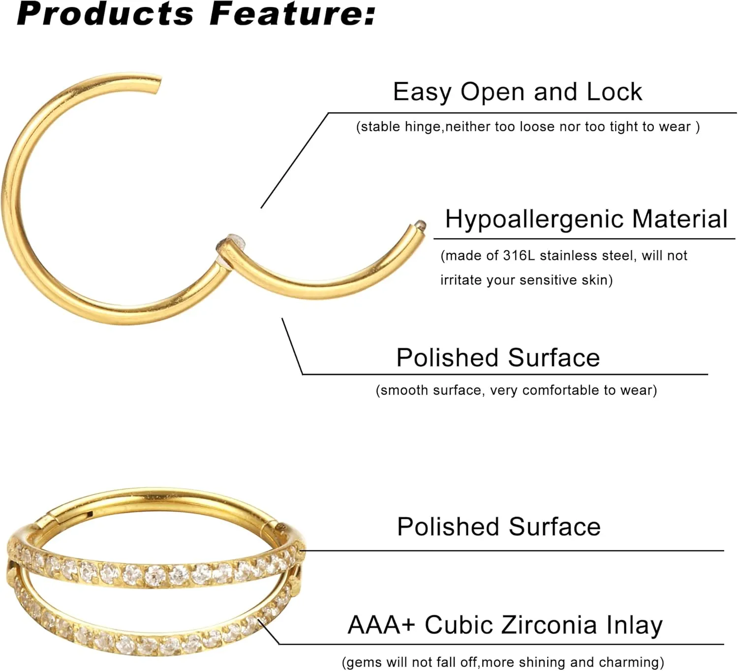 Dochais 4PCS 18G Nose Rings Hoops, Surgical Steel Earrings Tragus Septum Piercing CZ Clicker Ring, Hinged Segment Conch Lip Cartilage Double Hoops 8mm 10mm For Women Men