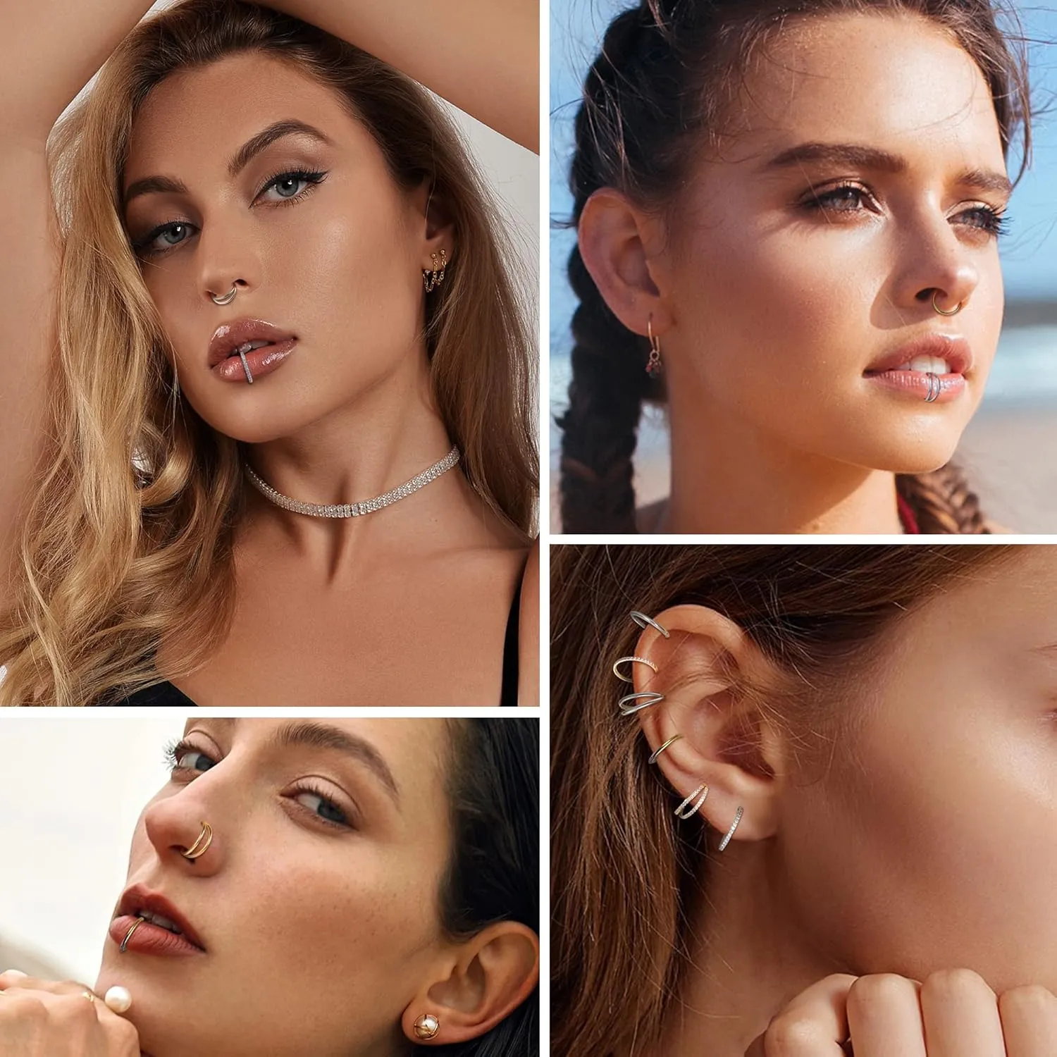 Dochais 4PCS 18G Nose Rings Hoops, Surgical Steel Earrings Tragus Septum Piercing CZ Clicker Ring, Hinged Segment Conch Lip Cartilage Double Hoops 8mm 10mm For Women Men