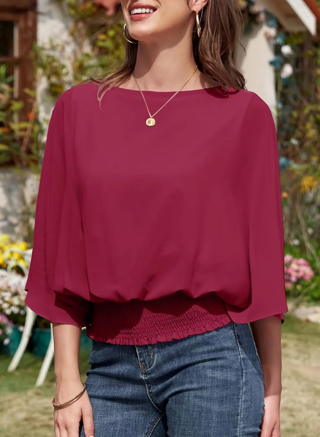 Dokotoo Women Blouses Dressy Casual 3/4 Length Sleeve Womens Tops Boat Neck Batwing Dolman Top