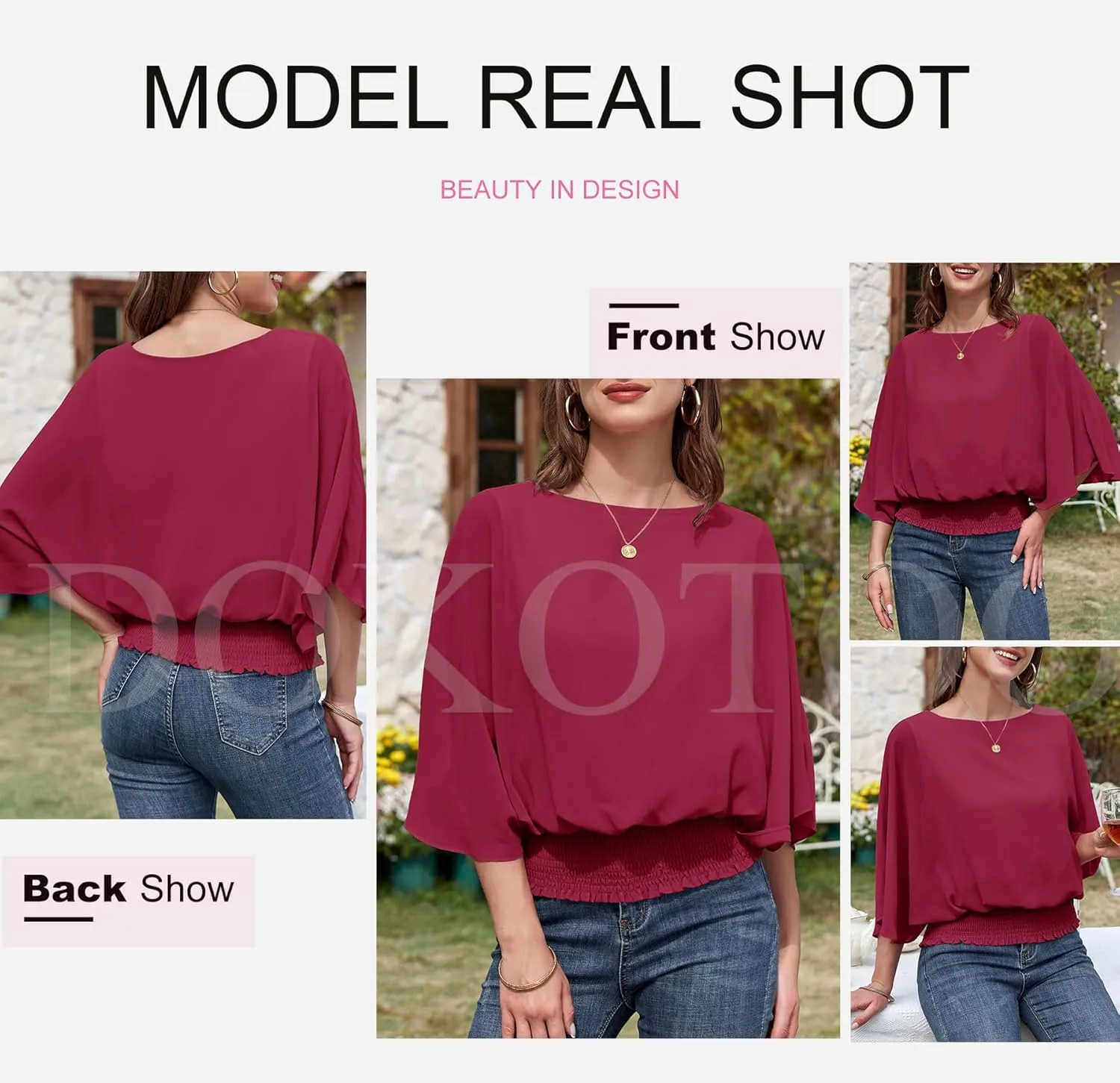 Dokotoo Women Blouses Dressy Casual 3/4 Length Sleeve Womens Tops Boat Neck Batwing Dolman Top