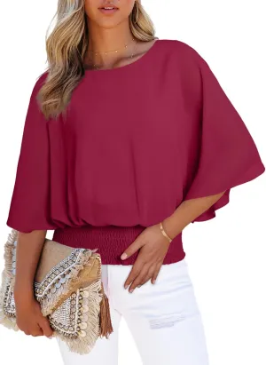 Dokotoo Women Blouses Dressy Casual 3/4 Length Sleeve Womens Tops Boat Neck Batwing Dolman Top