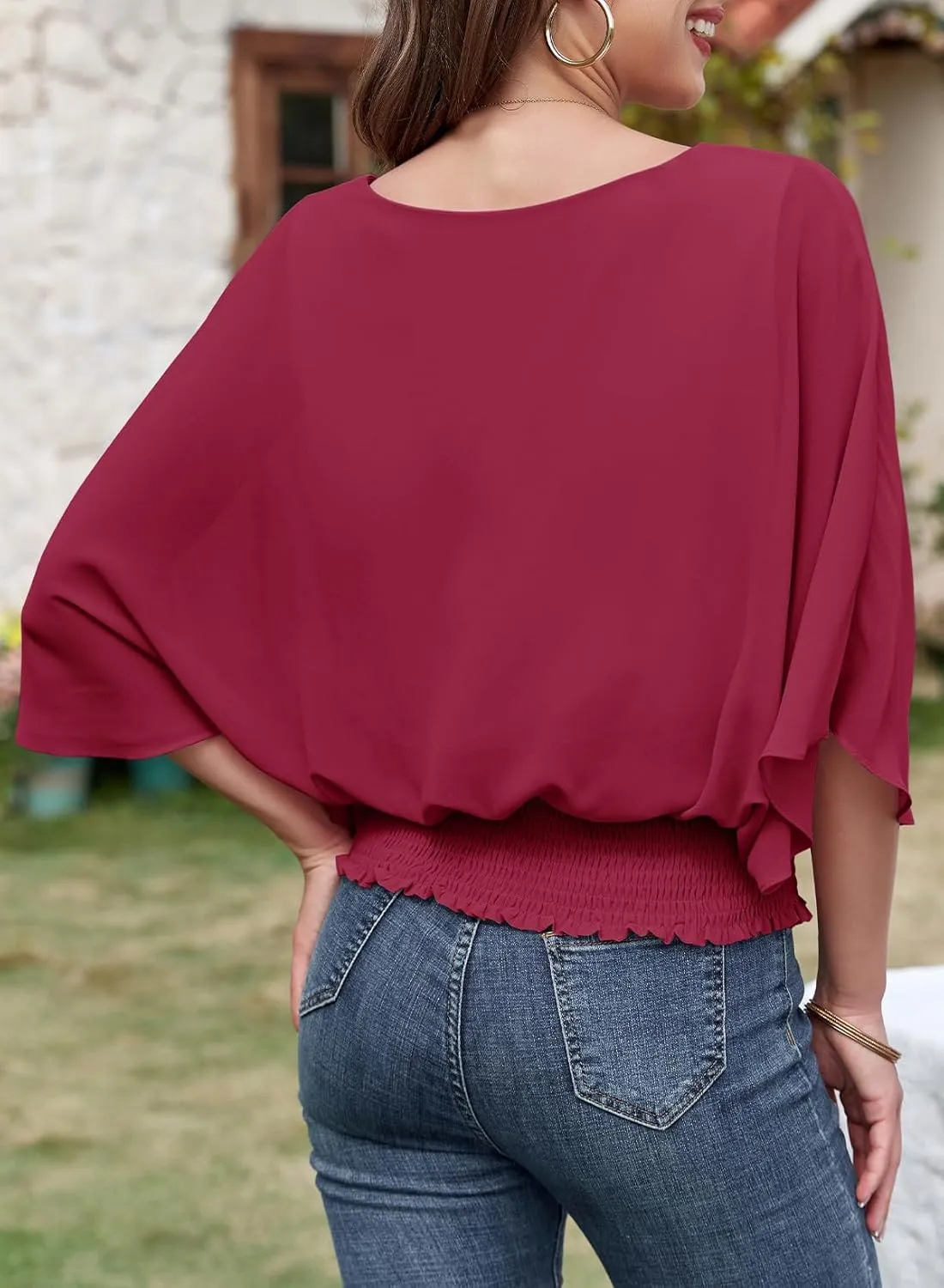 Dokotoo Women Blouses Dressy Casual 3/4 Length Sleeve Womens Tops Boat Neck Batwing Dolman Top