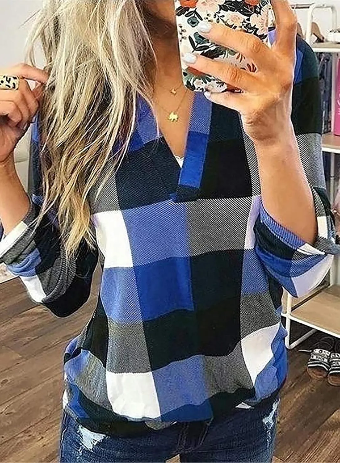 Dokotoo Womens Basic Casual V Neck Plaid Print Cuffed Long Sleeve Work Tops Blouses Shirts S-3XL