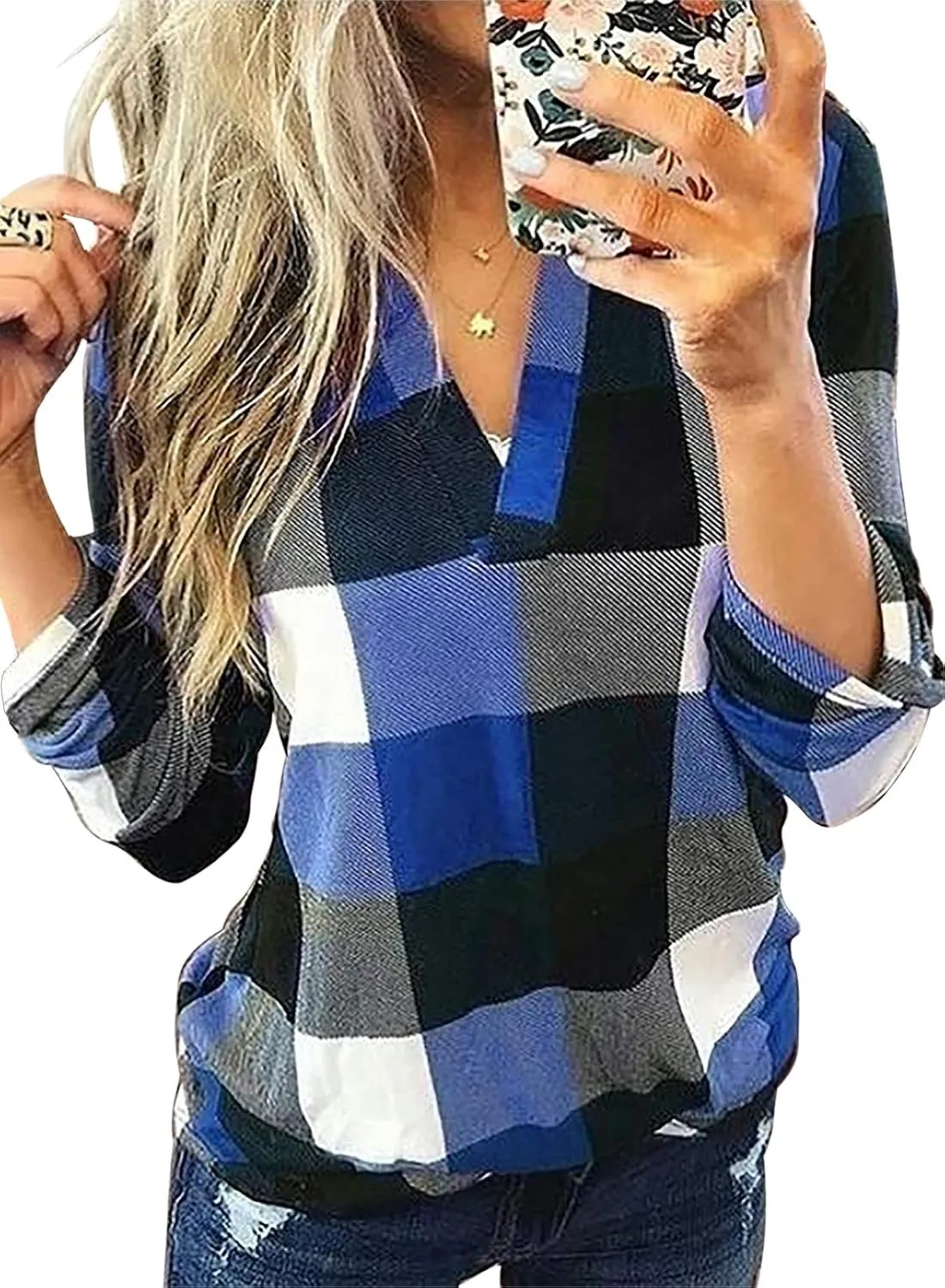 Dokotoo Womens Basic Casual V Neck Plaid Print Cuffed Long Sleeve Work Tops Blouses Shirts S-3XL