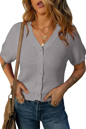 Dokotoo Womens Summer Tops 2024 Trendy V Neck Hollow Out Cropped Button Down Shirts Puff Sleeves Blouses