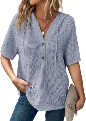 Dokotoo Womens Summer Waffle Knit Short Sleeve Tops Lightweight Drawstring Hoodies Button V Neck Casual Blouses Shirts