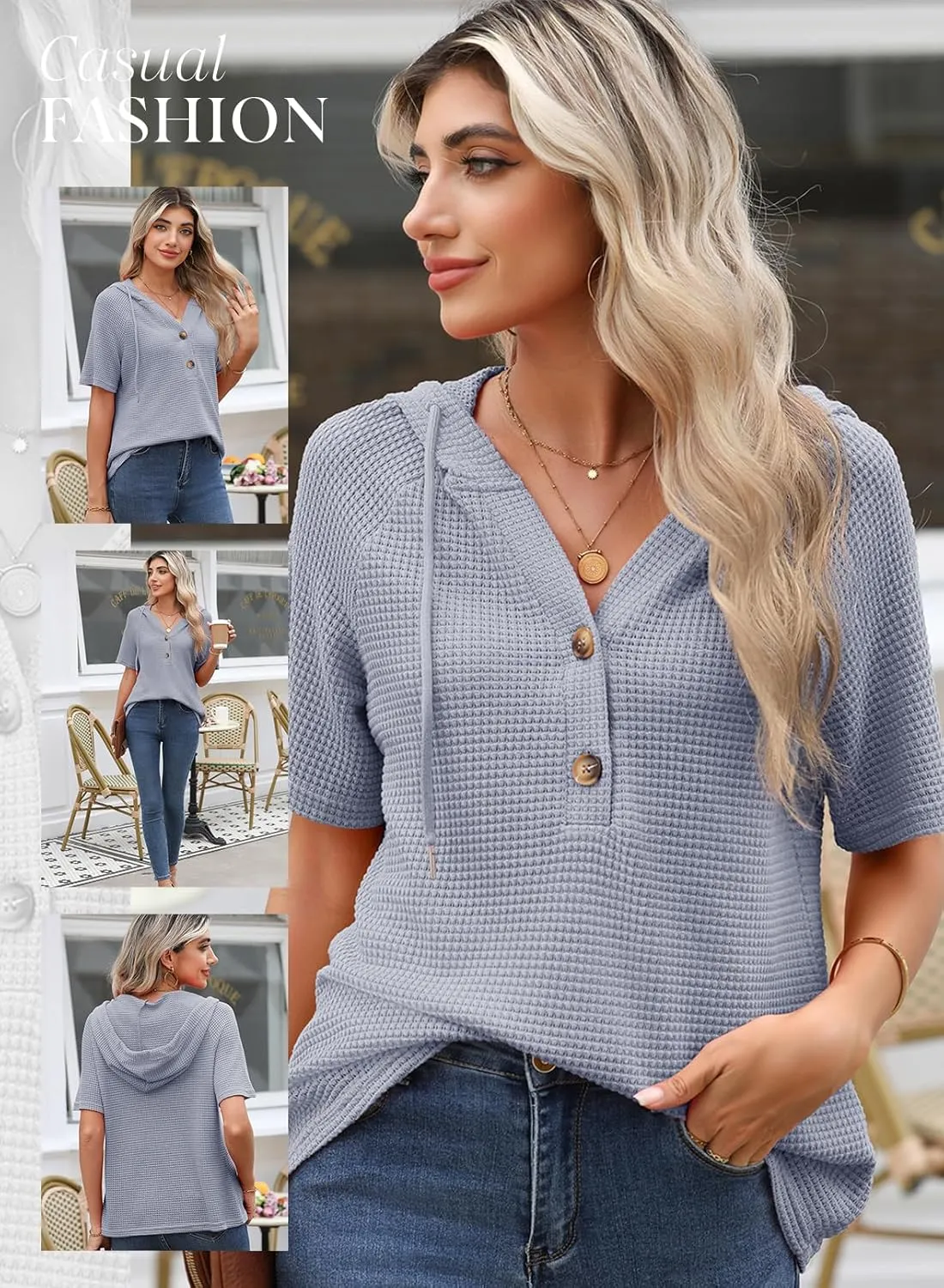 Dokotoo Womens Summer Waffle Knit Short Sleeve Tops Lightweight Drawstring Hoodies Button V Neck Casual Blouses Shirts