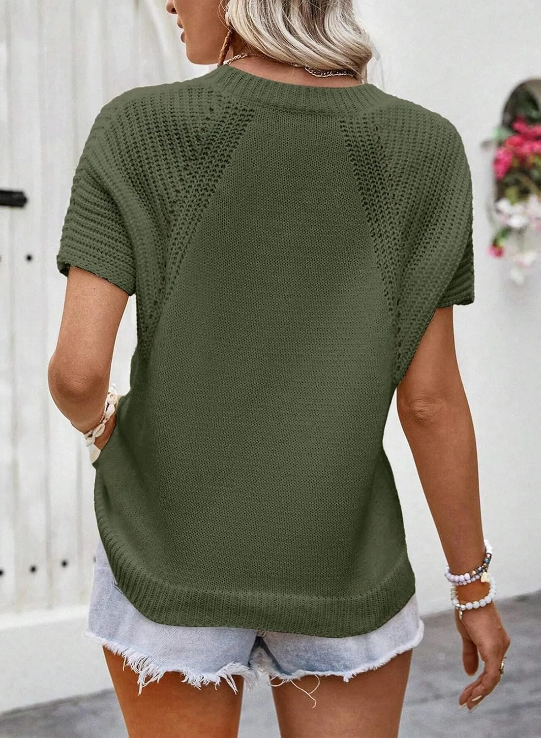 Dokotoo Women's Tops Dressy Casual Summer Crewneck Short Sleeve Sweaters Knit Solid Trendy Hollow Out Shirts Blouses