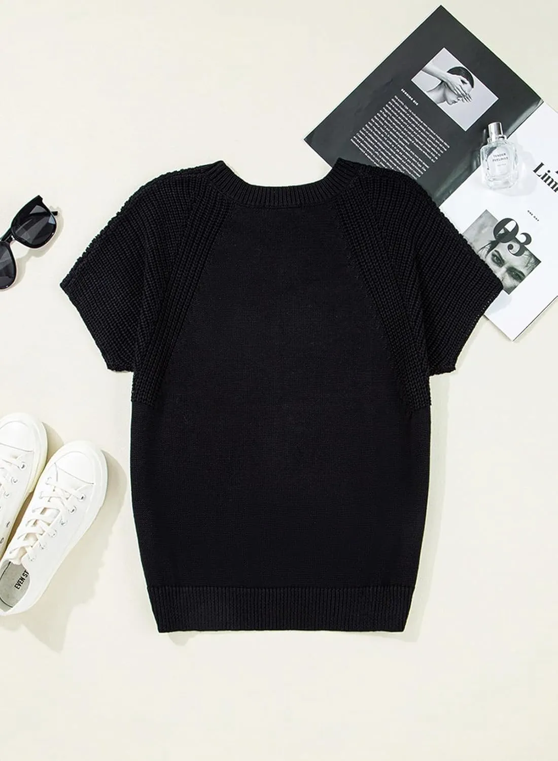 Dokotoo Women's Tops Dressy Casual Summer Crewneck Short Sleeve Sweaters Knit Solid Trendy Hollow Out Shirts Blouses