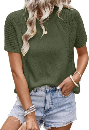 Dokotoo Women's Tops Dressy Casual Summer Crewneck Short Sleeve Sweaters Knit Solid Trendy Hollow Out Shirts Blouses