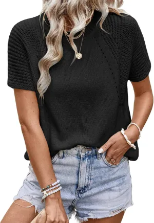 Dokotoo Women's Tops Dressy Casual Summer Crewneck Short Sleeve Sweaters Knit Solid Trendy Hollow Out Shirts Blouses