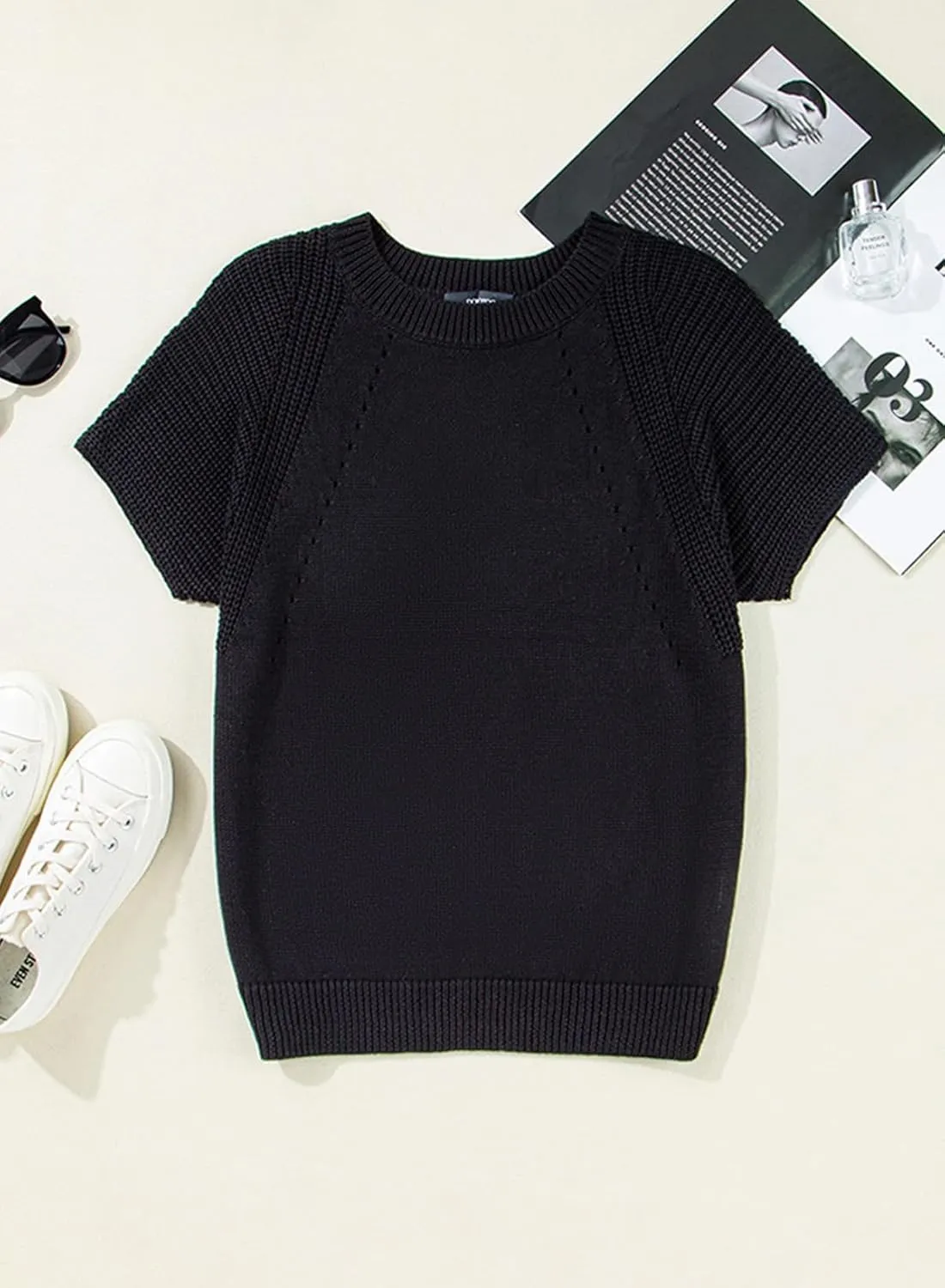 Dokotoo Women's Tops Dressy Casual Summer Crewneck Short Sleeve Sweaters Knit Solid Trendy Hollow Out Shirts Blouses