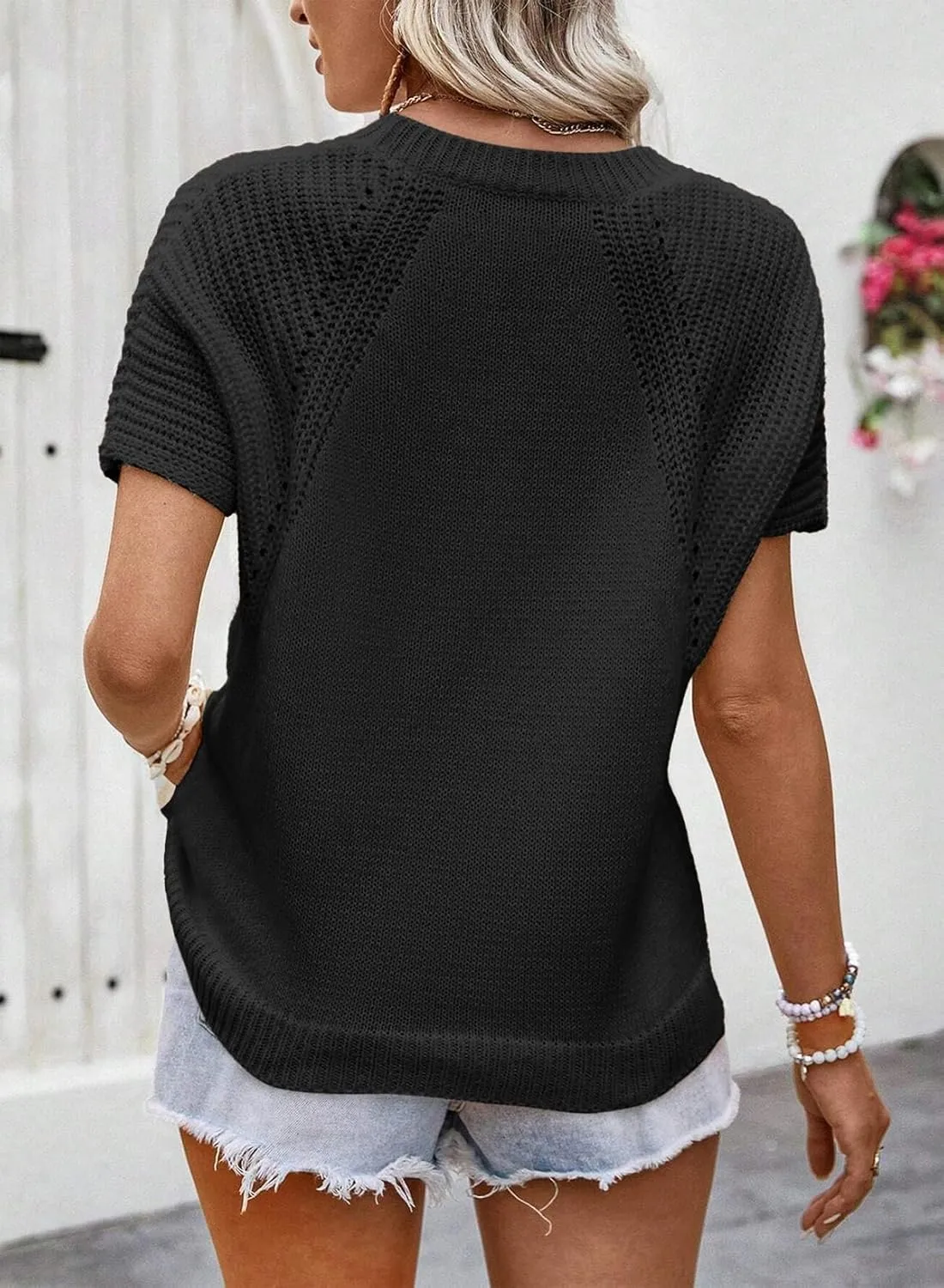 Dokotoo Women's Tops Dressy Casual Summer Crewneck Short Sleeve Sweaters Knit Solid Trendy Hollow Out Shirts Blouses