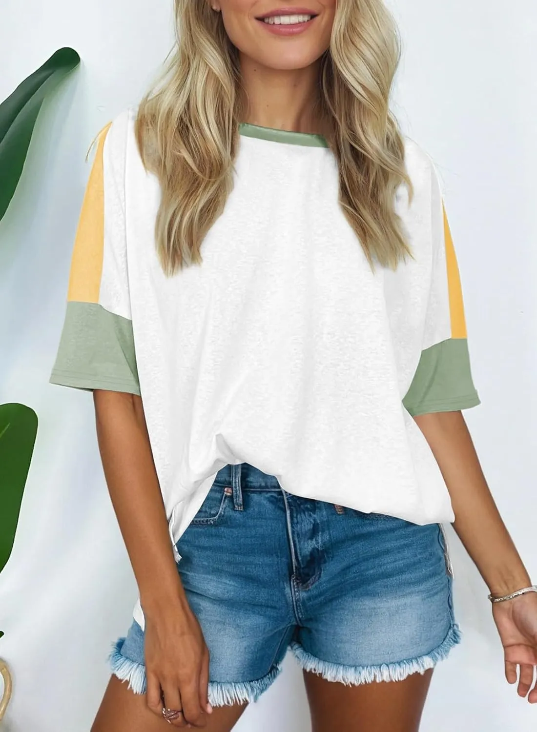 Dokotoo Womens Tops Oversized Trendy Shirts 2025 Summer Color Block Crewneck Business Casual Womens Blouses S-2XL