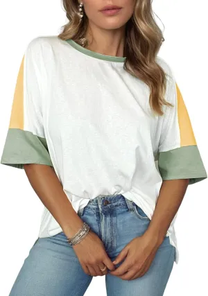 Dokotoo Womens Tops Oversized Trendy Shirts 2025 Summer Color Block Crewneck Business Casual Womens Blouses S-2XL