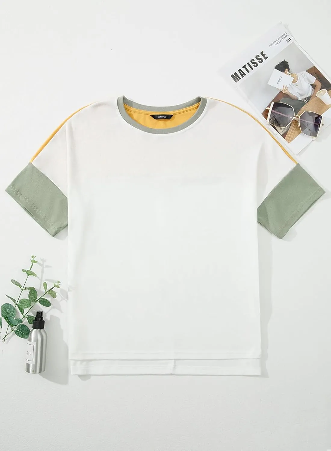Dokotoo Womens Tops Oversized Trendy Shirts 2025 Summer Color Block Crewneck Business Casual Womens Blouses S-2XL