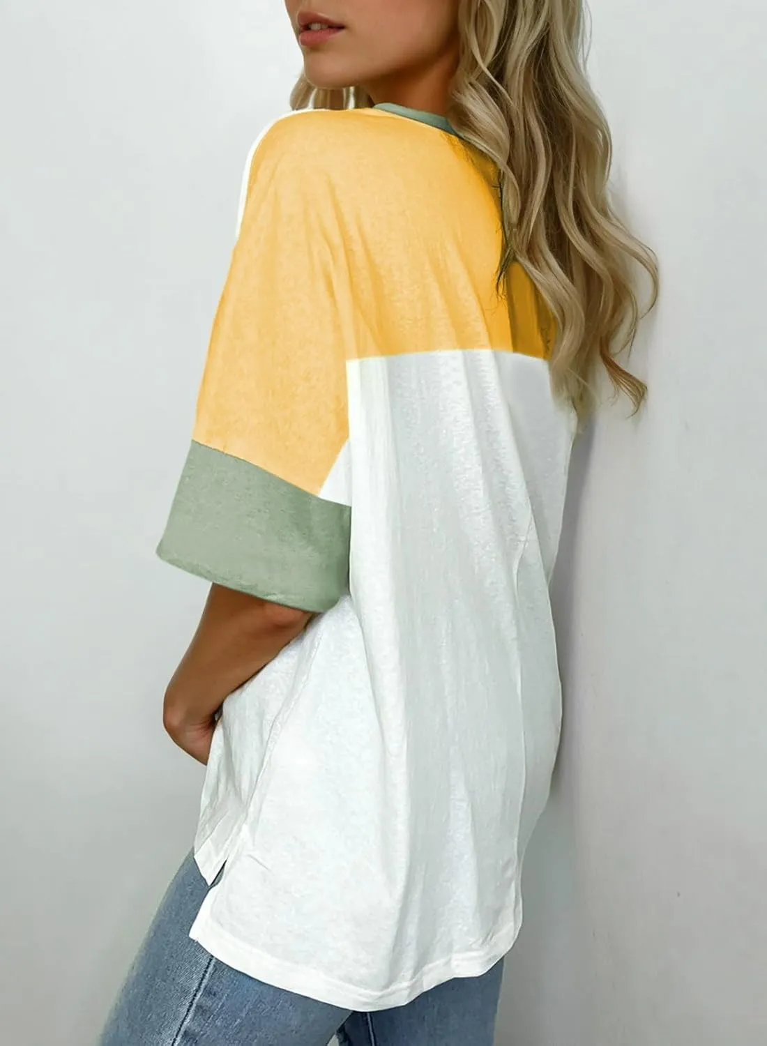 Dokotoo Womens Tops Oversized Trendy Shirts 2025 Summer Color Block Crewneck Business Casual Womens Blouses S-2XL