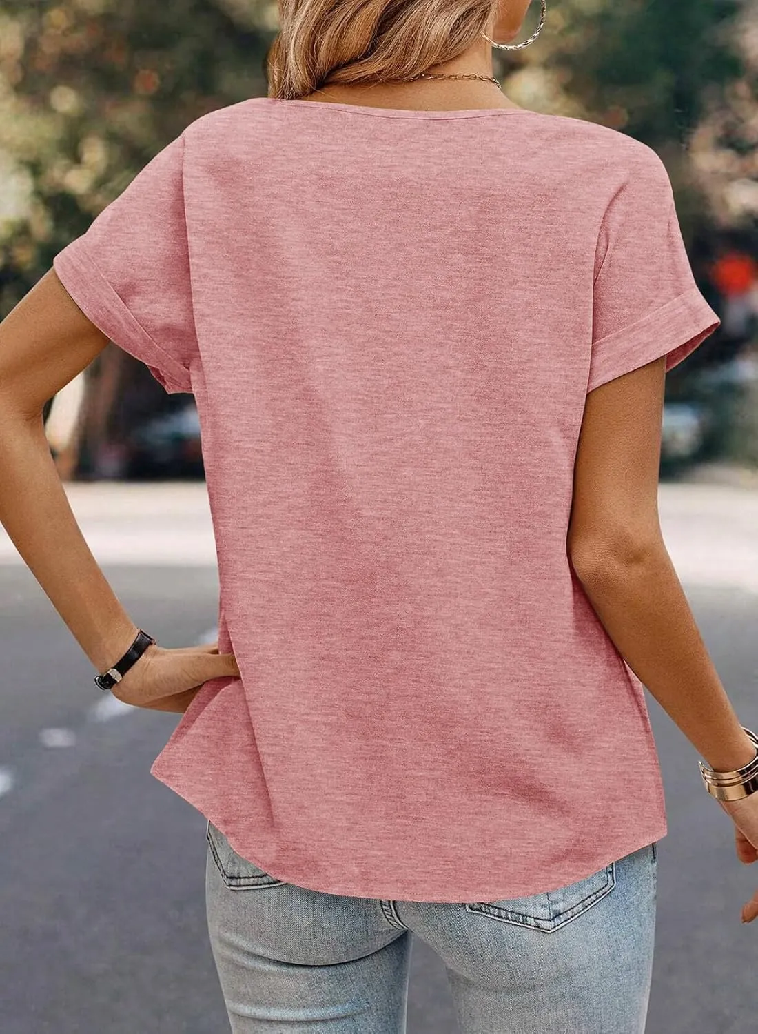 Dokotoo Womens Tops Trendy Crewneck Short Sleeve Summer T Shirts Casual Solid Loose Basic Pleated Blouses