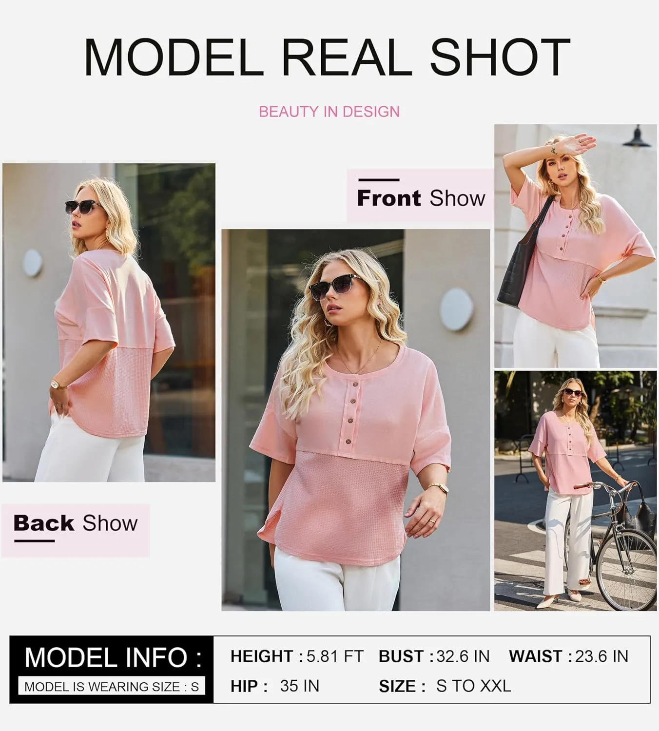 Dokotoo Womens Waffle Knit Tops 2025 Fashion 3/4 Sleeve Casual Button Down Shirts Crew Neck Oversized Patchwork Blouses
