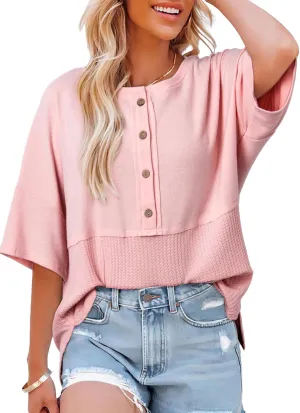 Dokotoo Womens Waffle Knit Tops 2025 Fashion 3/4 Sleeve Casual Button Down Shirts Crew Neck Oversized Patchwork Blouses