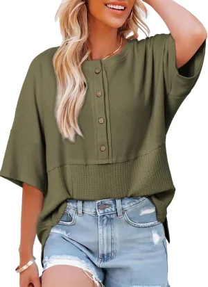 Dokotoo Womens Waffle Knit Tops 2025 Fashion 3/4 Sleeve Casual Button Down Shirts Crew Neck Oversized Patchwork Blouses
