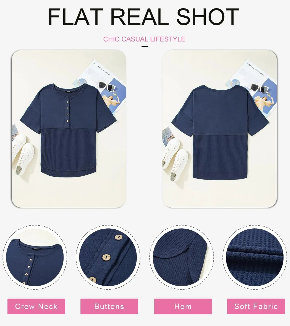 Dokotoo Womens Waffle Knit Tops 2025 Fashion 3/4 Sleeve Casual Button Down Shirts Crew Neck Oversized Patchwork Blouses