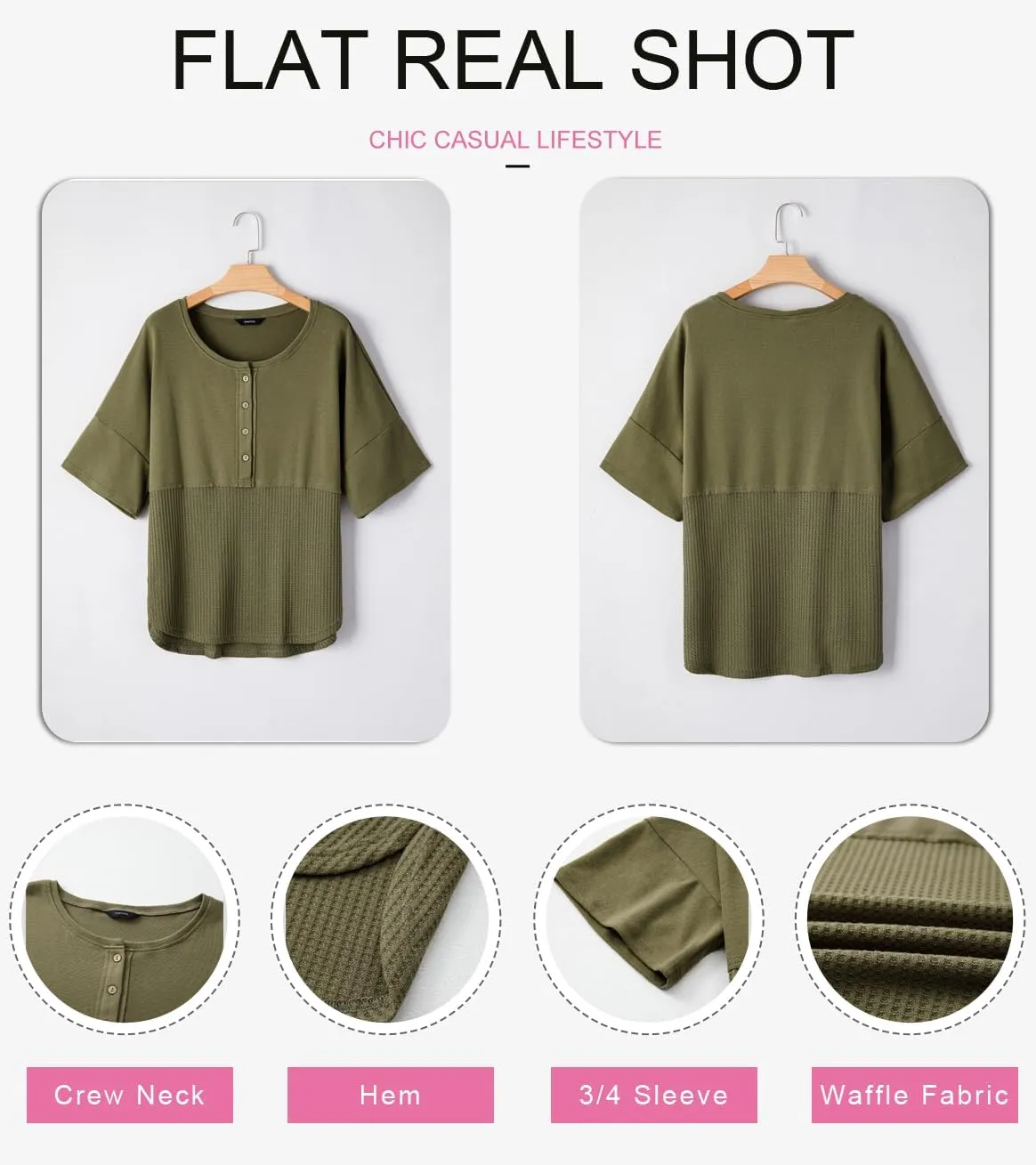 Dokotoo Womens Waffle Knit Tops 2025 Fashion 3/4 Sleeve Casual Button Down Shirts Crew Neck Oversized Patchwork Blouses