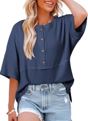 Dokotoo Womens Waffle Knit Tops 2025 Fashion 3/4 Sleeve Casual Button Down Shirts Crew Neck Oversized Patchwork Blouses