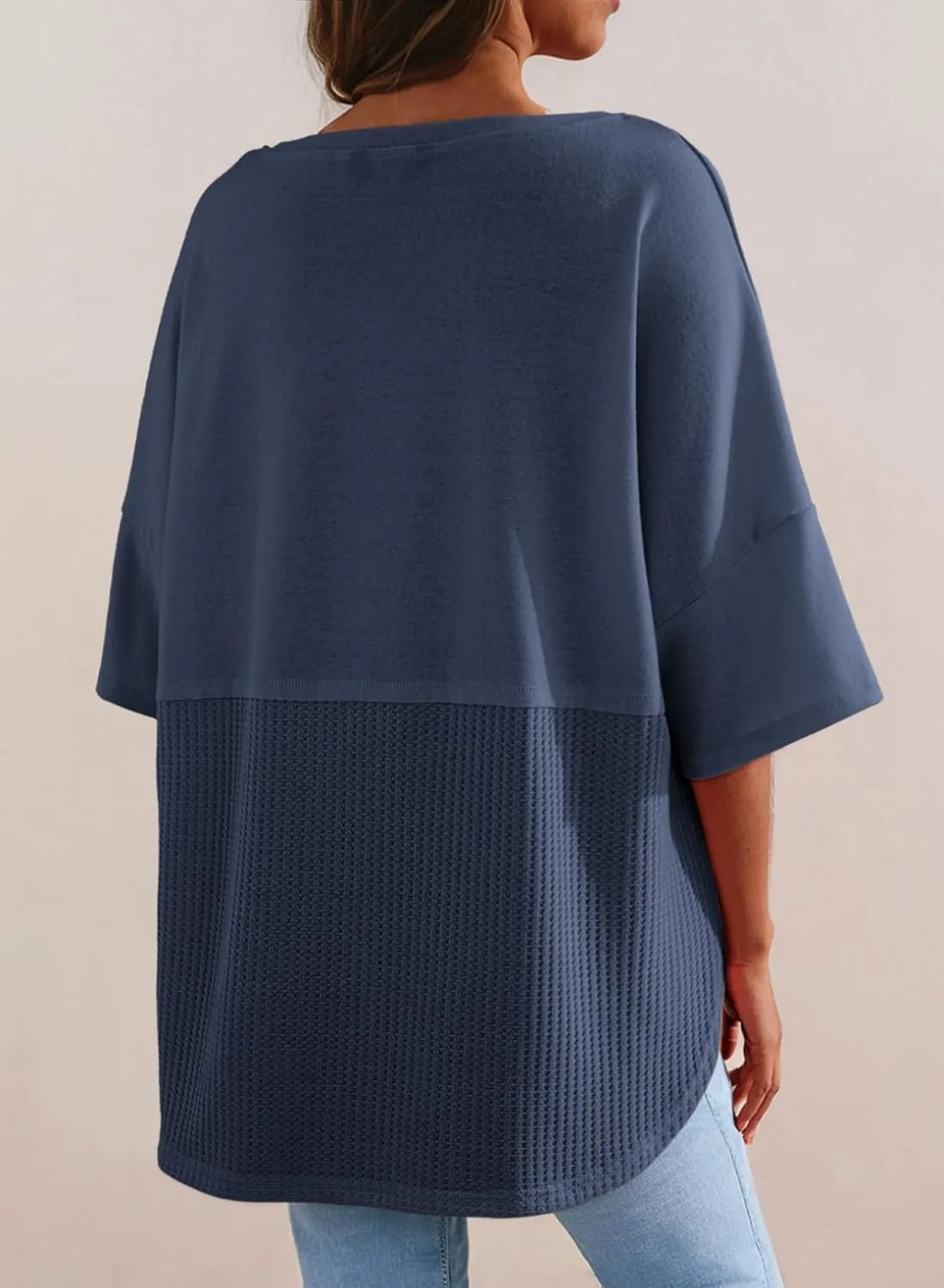 Dokotoo Womens Waffle Knit Tops 2025 Fashion 3/4 Sleeve Casual Button Down Shirts Crew Neck Oversized Patchwork Blouses