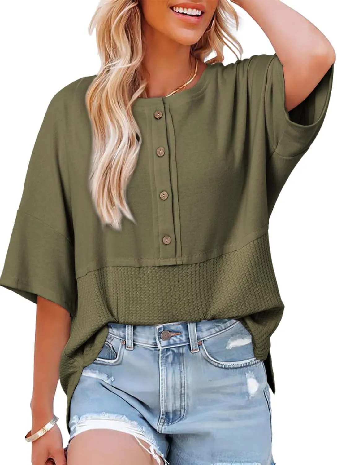 Dokotoo Womens Waffle Knit Tops 2025 Fashion 3/4 Sleeve Casual Button Down Shirts Crew Neck Oversized Patchwork Blouses